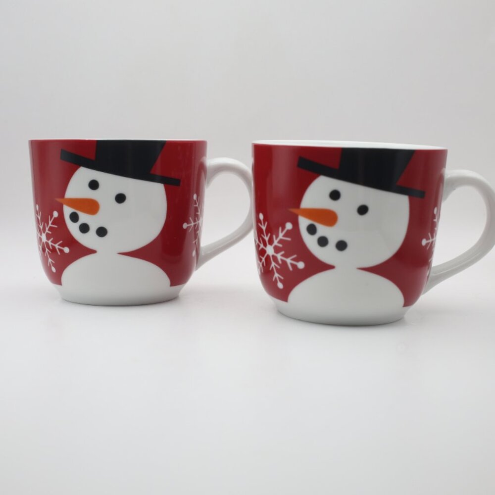Crate and Barrel Snowman Black Top Hat Red White Mugs Set of 2 12 Ounce
